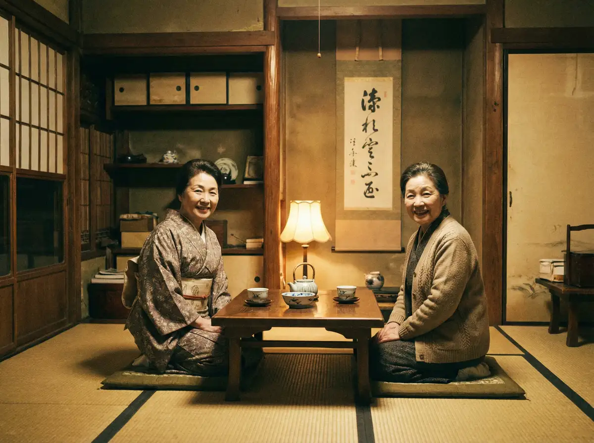 两位优雅的 小宝探花 在日式茶室中品茶交谈